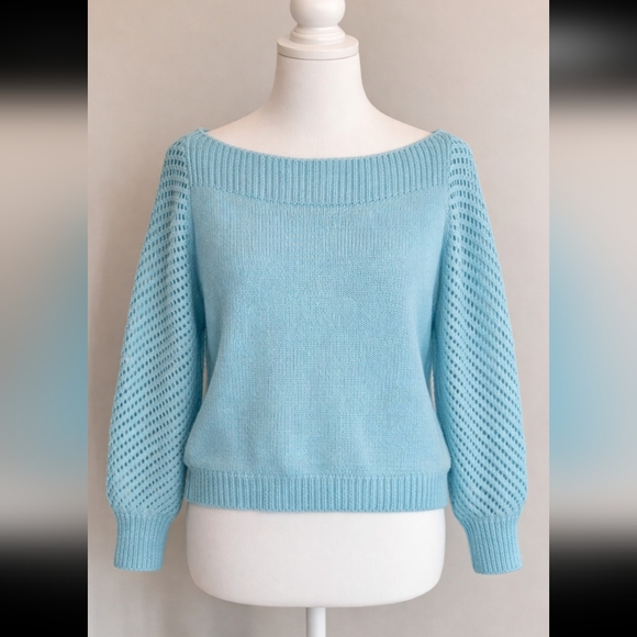 None Sweaters - 🐦  Robin’s Egg Blue Boat Neck Sweater | Open Knit Sleeves | XL | Lightweight